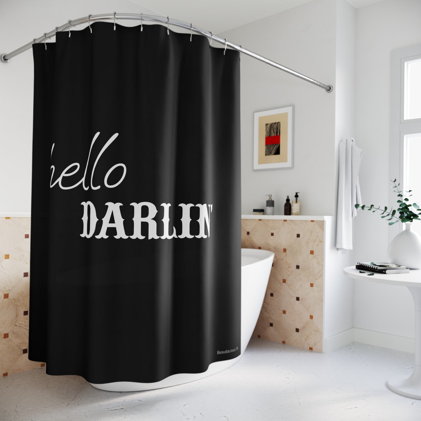 Hello Darlin' Shower Curtain — Black Script Bathroom Décor