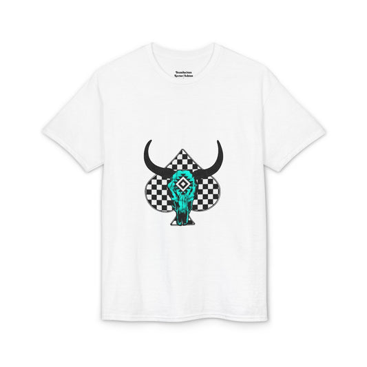 Cow Skull Checkerboard T-Shirt — Teal Aztec Bull Skull Graphic Tee