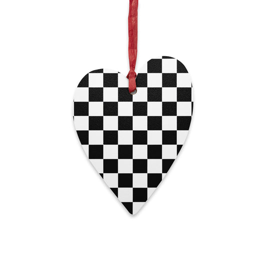 Checkered Heart Wooden Ornament — Black & White Retro Heart Ornament for Home Decor, Tree & Gifts