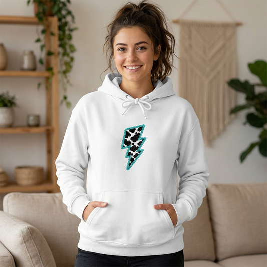 Cowprint Lightning Bolt Crop Hoodie — Women's Organic Pullover
