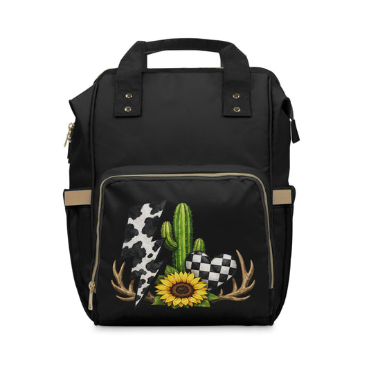 Cactus & Sunflower Diaper Backpack — Multifunctional Baby Bag with Rustic Cowhide Accent